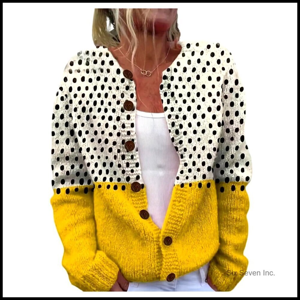 Polka Dot Color Block Cardigan Button Down Long Sleeve Lightweight Trendy